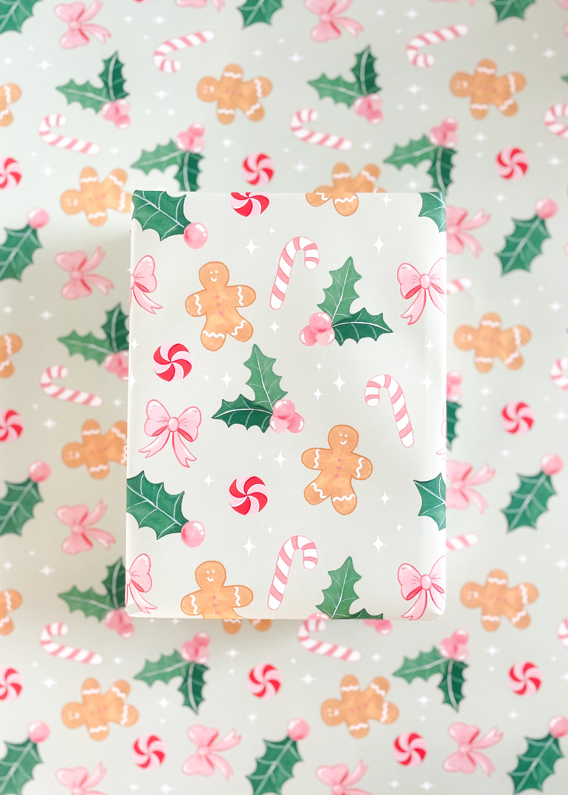 Gingerbread Wrapping Paper, Pink Christmas Gift Wrap, Holiday Gift